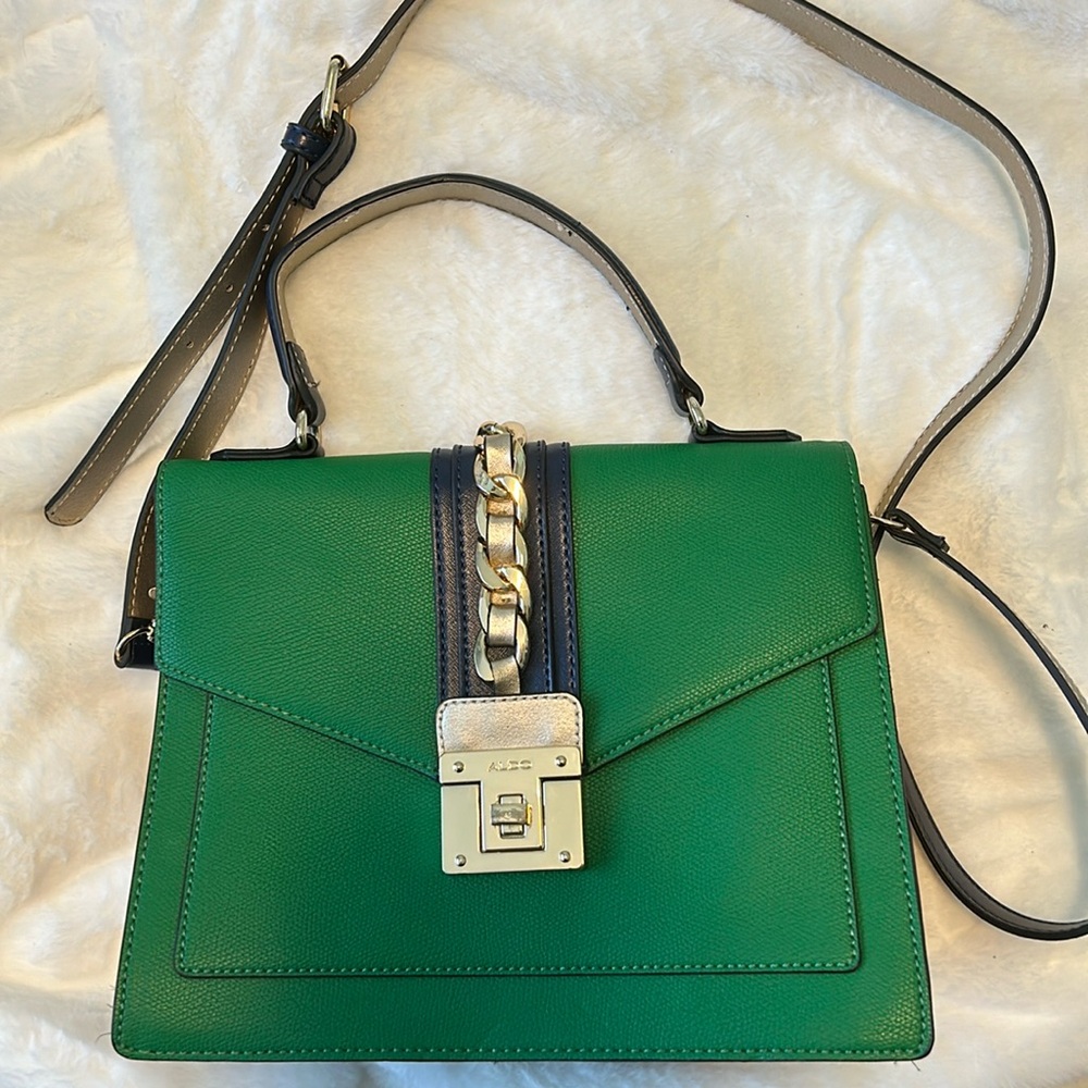 ALDO Green and Navy Blue Leather Top Handle Bag with Strap